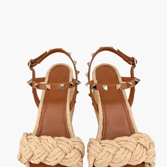Valentino Garavani Rockstud Braided Espadrille Wedge Sandals Brown Size 38 US 8 - Picture 4 of 14